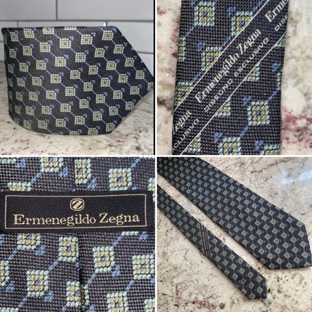 ERMENEGILDO ZEGNA $220 Mens Brown Yellow Gray Print Silk Necktie Tie EUC